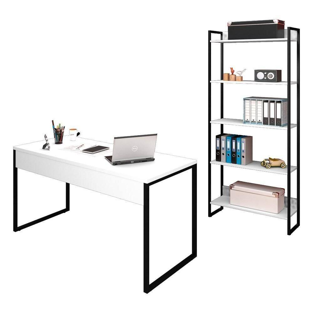 Conjunto Escritório Mesa 150 E Estante Studio Industrial M18 Branco