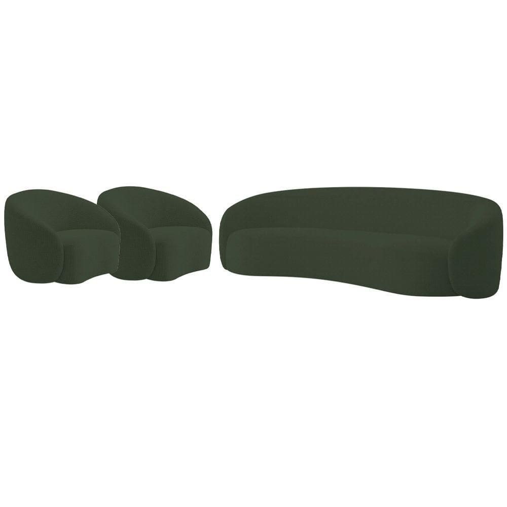 Kit Sofá 3 Lugares 180cm E 2 Poltronas Orgânica Luxo Recepção Amore Linho Adj Decor Verde