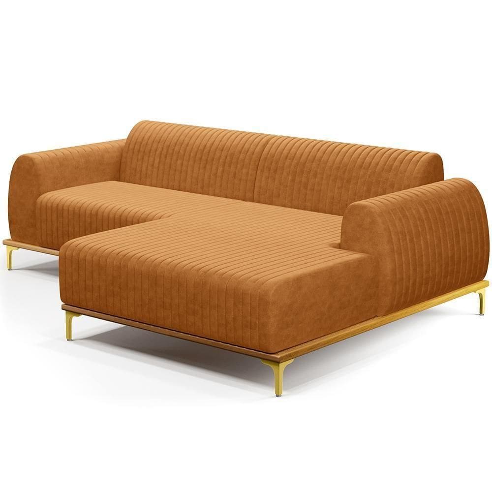 Sofá 4 Lugares Chaise Direito Sala Molino 265cm D02 Pés de ouro Couríssimo Whisky B-90