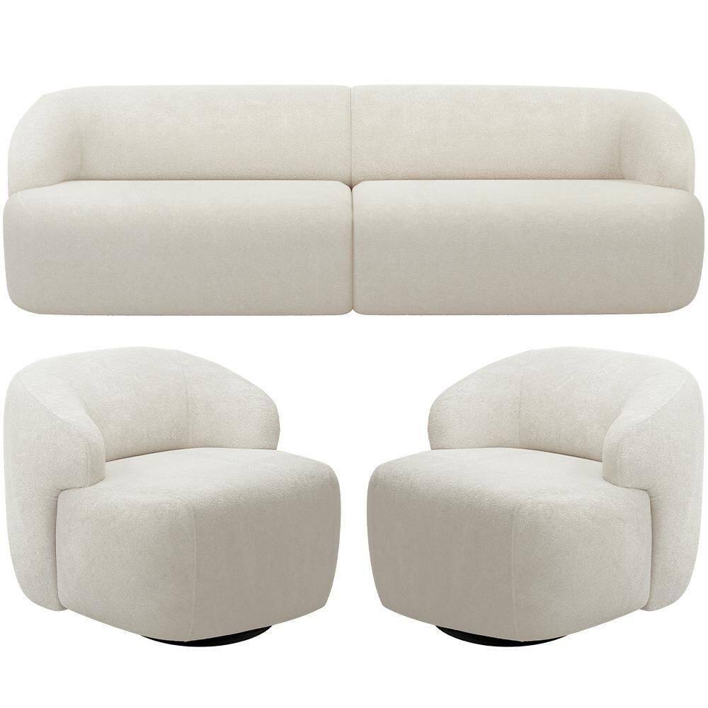 Sofá 3 Lugares Curvo Orgânico Com 02 Poltronas Living 220cm Barolo L06 Bouclê Off White