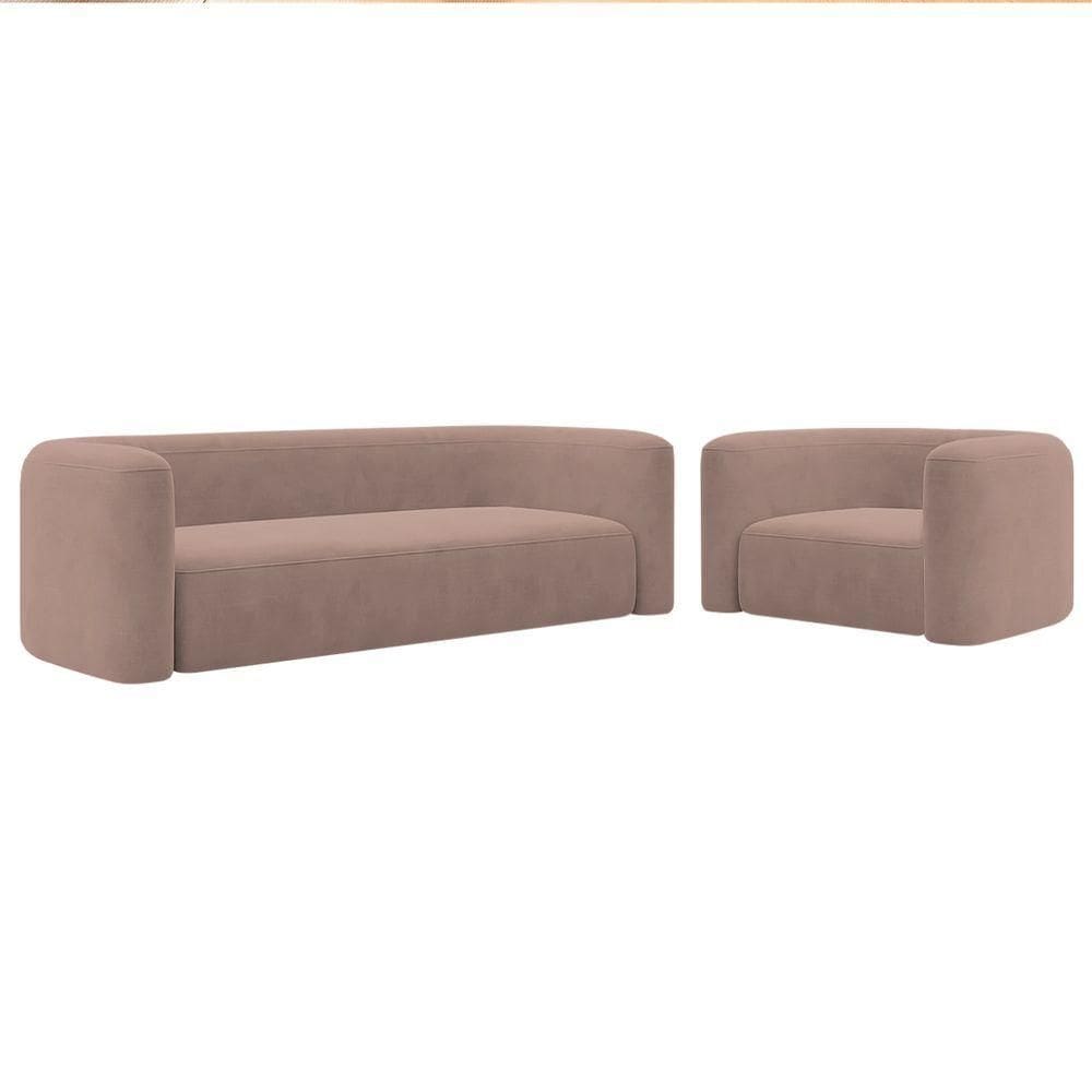Kit Sofá 3 Lugares 180cm E Poltrona Orgânica Luxo Recepção Melina Linho Rosê