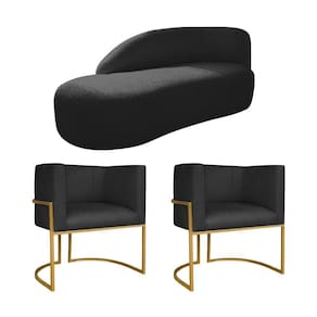 Kit Divã Luna 140cm Lado Esquerdo E 02 Poltronas Base De Ferro Dourado Suede Preto