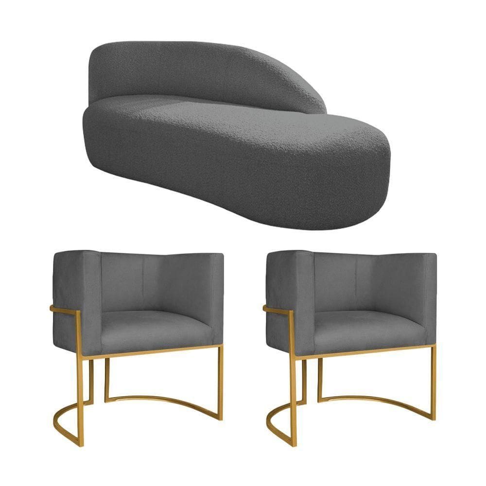Kit Divã Luna 185cm Lado Direito E 02 Poltronas Base De Ferro Dourado Linho Cinza Escuro