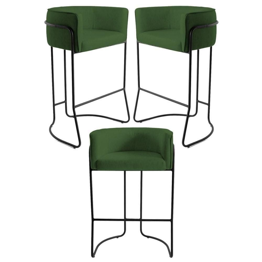 Kit 3 Banquetas Base Aço Preto Betina A-89 Corano Verde - Domi