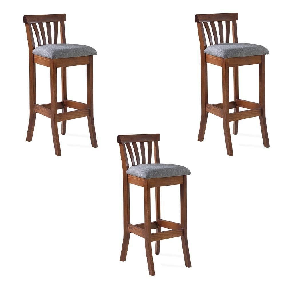 Kit 3 Banquetas Alta Bakeri Linho Cinza/Imbuia