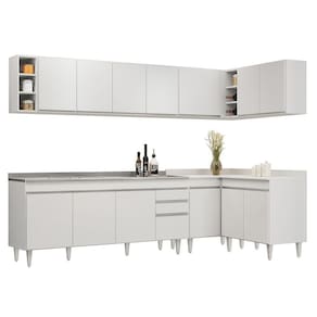 Armário De Cozinha Modulado De Canto 7 Peças Cp36 Com Pia Inox Branco