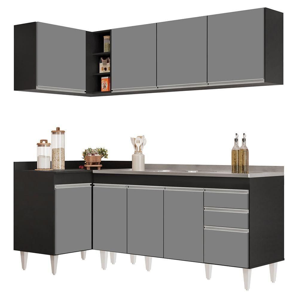 Armário De Cozinha Modulado De Canto Direito 4 Peças Cp42 Com Pia Inox Preto/cinza - Lumil