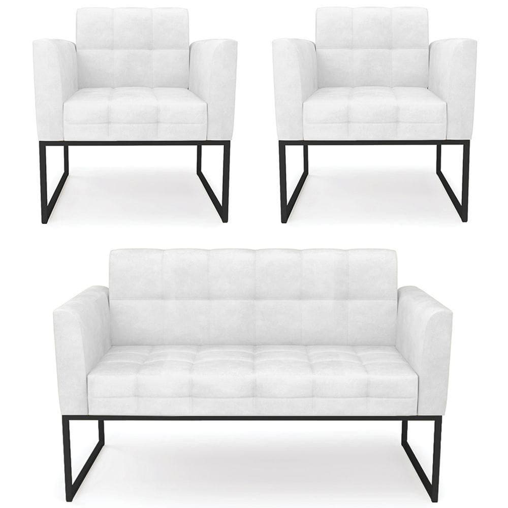 Sofá Namoradeira E 2 Poltronas Base Industrial Preto Ana Sintético Pu Branco