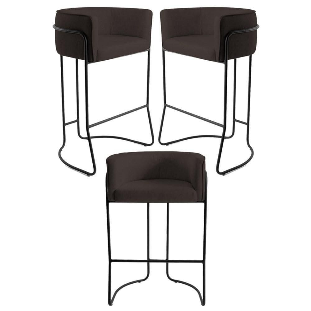 Kit 3 Banquetas Base Aço Preto Betina C-34 Corano Marrom Escuro - Domi