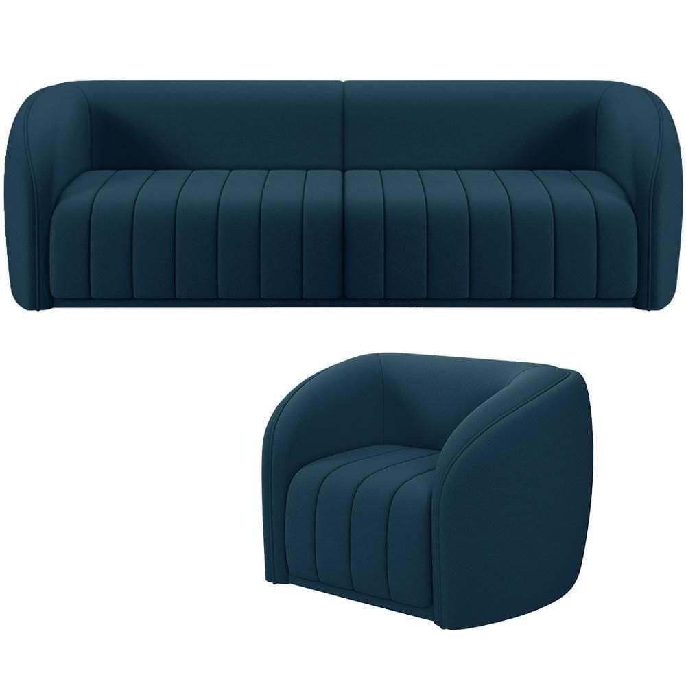 Kit Sofá 4 Lugares Para Sala 292cm Com 01 Poltrona Lazio M03 Veludo Azul - Lyam Decor