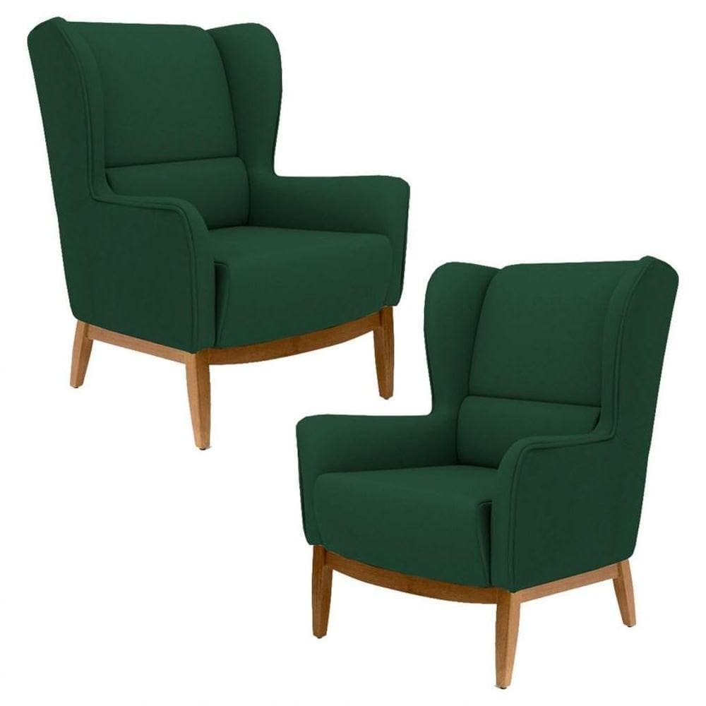 Kit 2 Poltronas Decorativas Base Manu Madeira Milena B-303 Veludo Verde Musgo