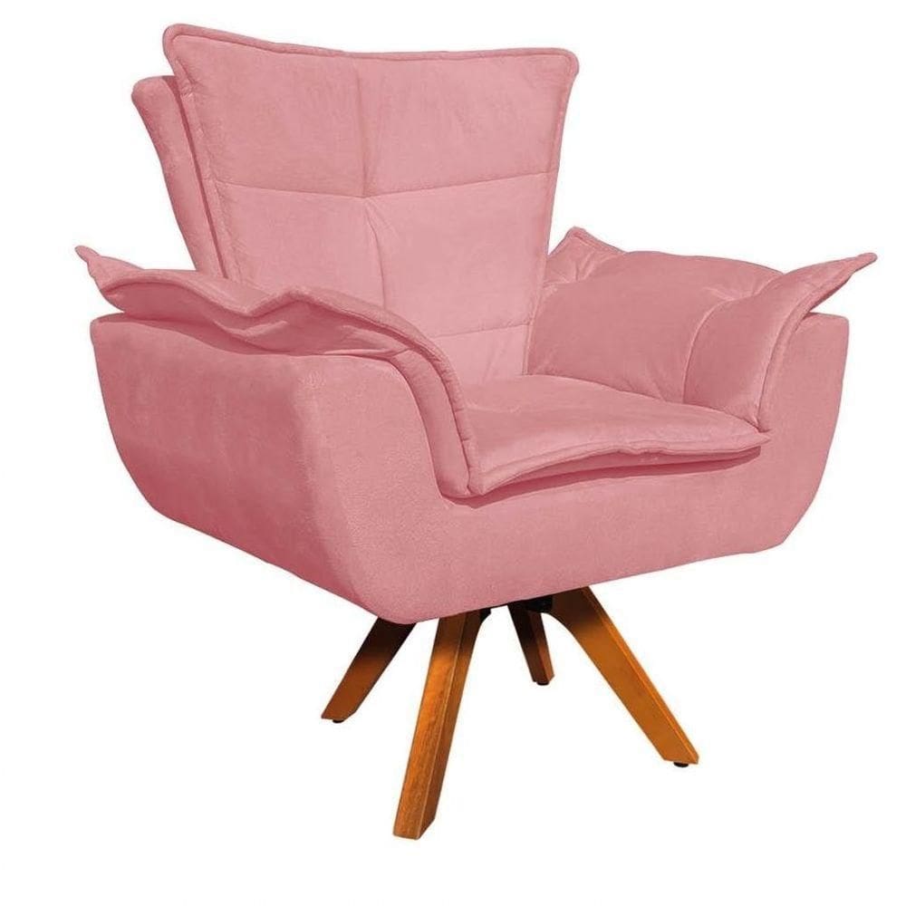 Poltrona Decorativa Sala De Estar Base Giratória Madeira Opla Suede Rose - Ibiza