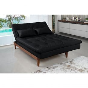 Sofá Cama Versátil 3 Lugares Império Reclinável Pés Madeira Espuma D33 Corano Preto 311