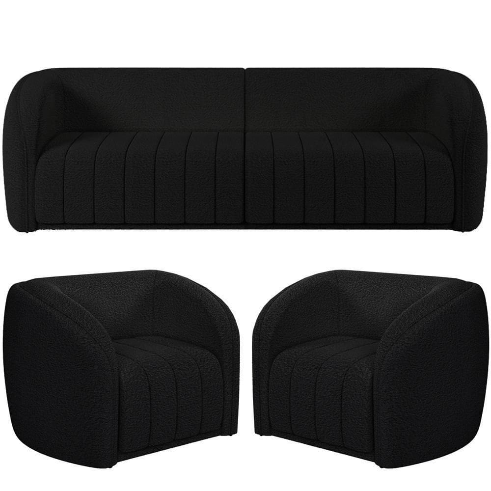 Kit Sofá 4 Lugares Para Sala 252cm Com 02 Poltronas Lazio M03 Bouclê Preto - Lyam Decor