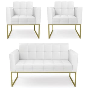 Sofá Namoradeira E 2 Poltronas Base Industrial Dourado Ana Sintético Branco