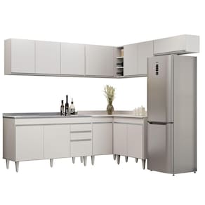 Armário De Cozinha Modulado De Canto 7 Peças Cp24 Com Pia Inox Branco - Lumil