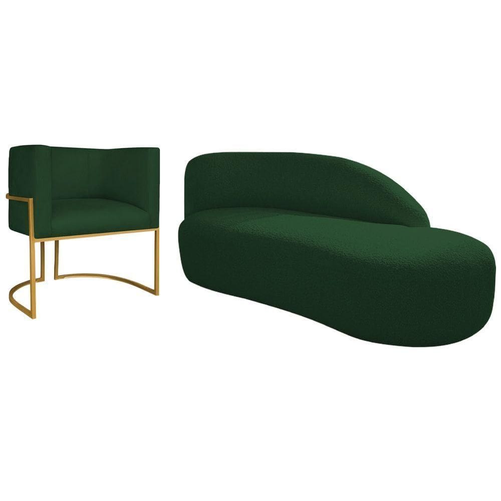 Kit Divã Luna 160cm Lado Direito E 01 Poltrona Base De Ferro Dourada Suede Cor Verde