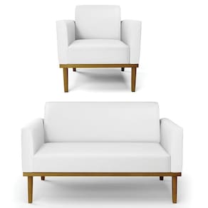 Sofá Namoradeira E 1 Poltrona Base Madeira Castanho Maressa Sintético Pu Branco