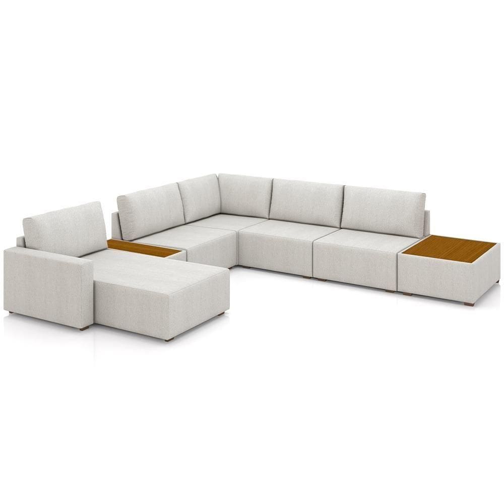 Sofá De Canto Com Chaise E Mesa Lateral Sala De Estar Living 290cm Gales M03 Linho Cru - Lyam Decor