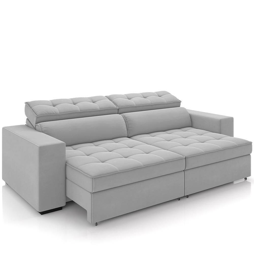 Sofá Retrátil Reclinável Para Sala De Estar Living 218cm Clara M03 Veludo Cinza - Lyam Decor