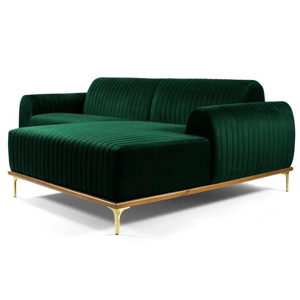 Sofá 255cm 4 Lugares Com Chaise Direito Pés Gold Molino C-303 Veludo Verde Musgo - Domi
