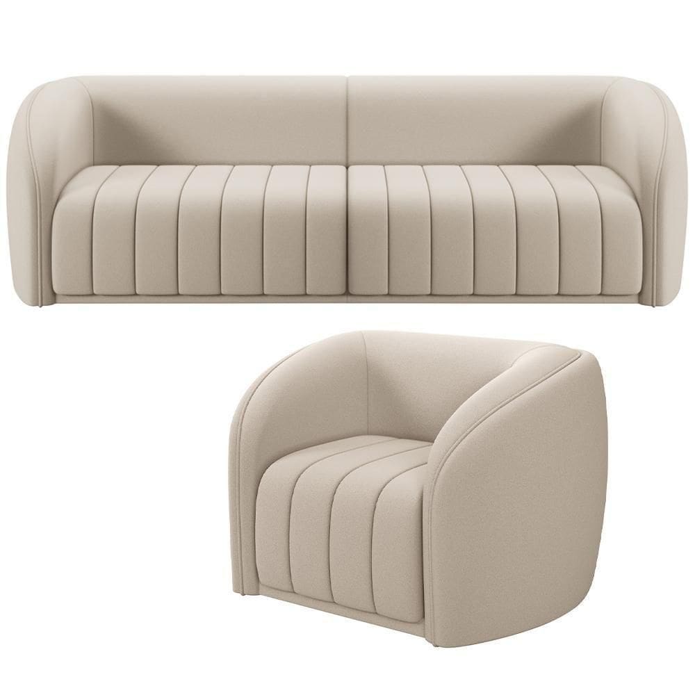 Kit Sofá 4 Lugares Para Sala 252cm Com 01 Poltrona Lazio M03 Veludo Bege - Lyam Decor