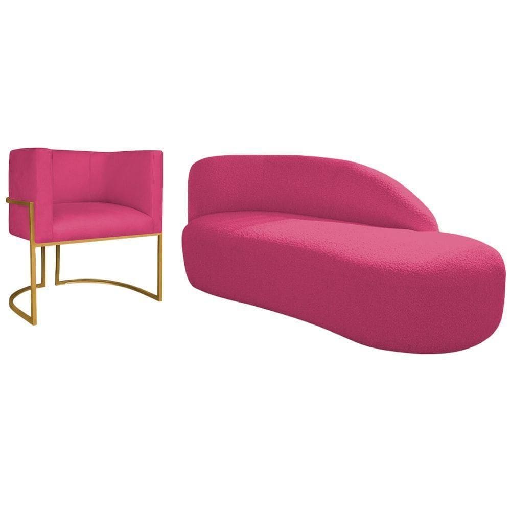 Kit Divã Luna 185cm Lado Direito E 01 Poltrona Base De Ferro Dourado Suede Cor Pink