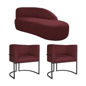 Kit Divã Luna 160cm Lado Direito E 02 Poltronas Base De Ferro Preto Suede Cor Bordô