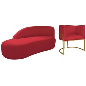 Kit Divã Luna 185cm Lado Esquerdo E 01 Poltrona Base De Ferro Dourado Suede Cor Vermelho