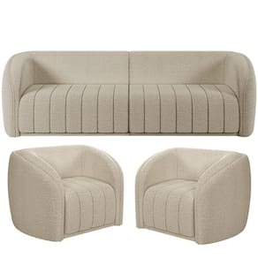 Kit Sofá 04 Lugares Para Sala De Estar 292 Cm Com 02 Poltronas Lazio M03 Bouclê Bege - Lyam Decor