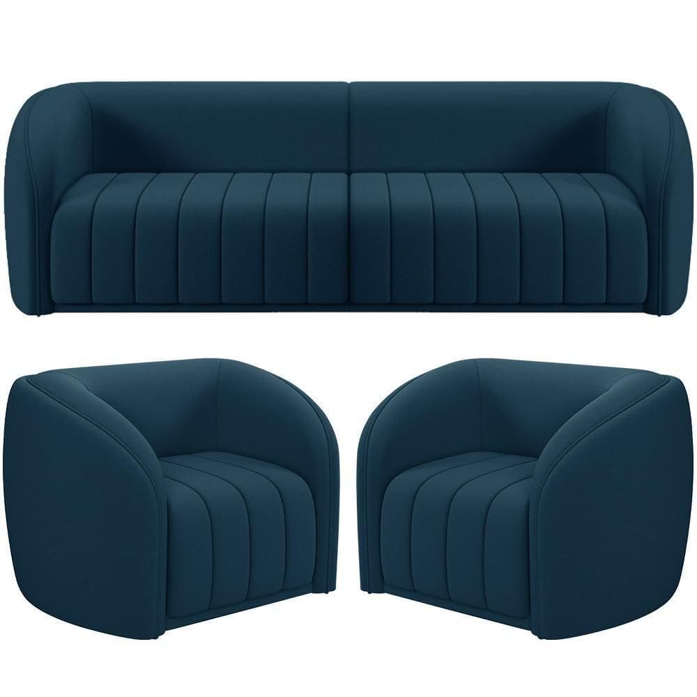 Kit Sofá 5 Lugares Para Sala 332cm Com 02 Poltronas Lazio M03 Veludo Azul