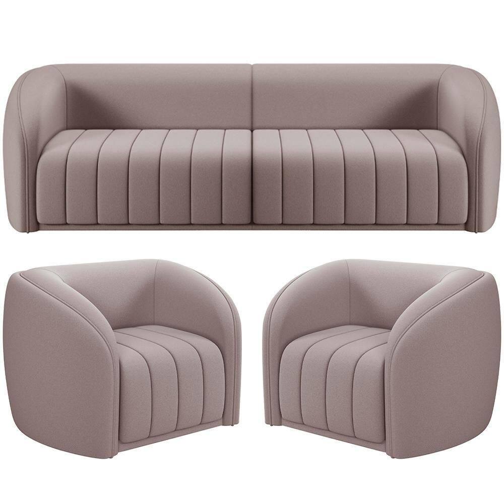 Kit Sofá 5 Lugares Para Sala 332cm Com 02 Poltronas Lazio M03 Veludo Rosê - Lyam Decor