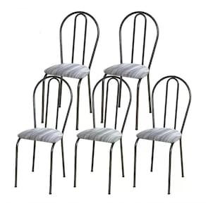 Kit 05 Cadeiras Tubular Cromo Preto 004 Assento Linho Linho