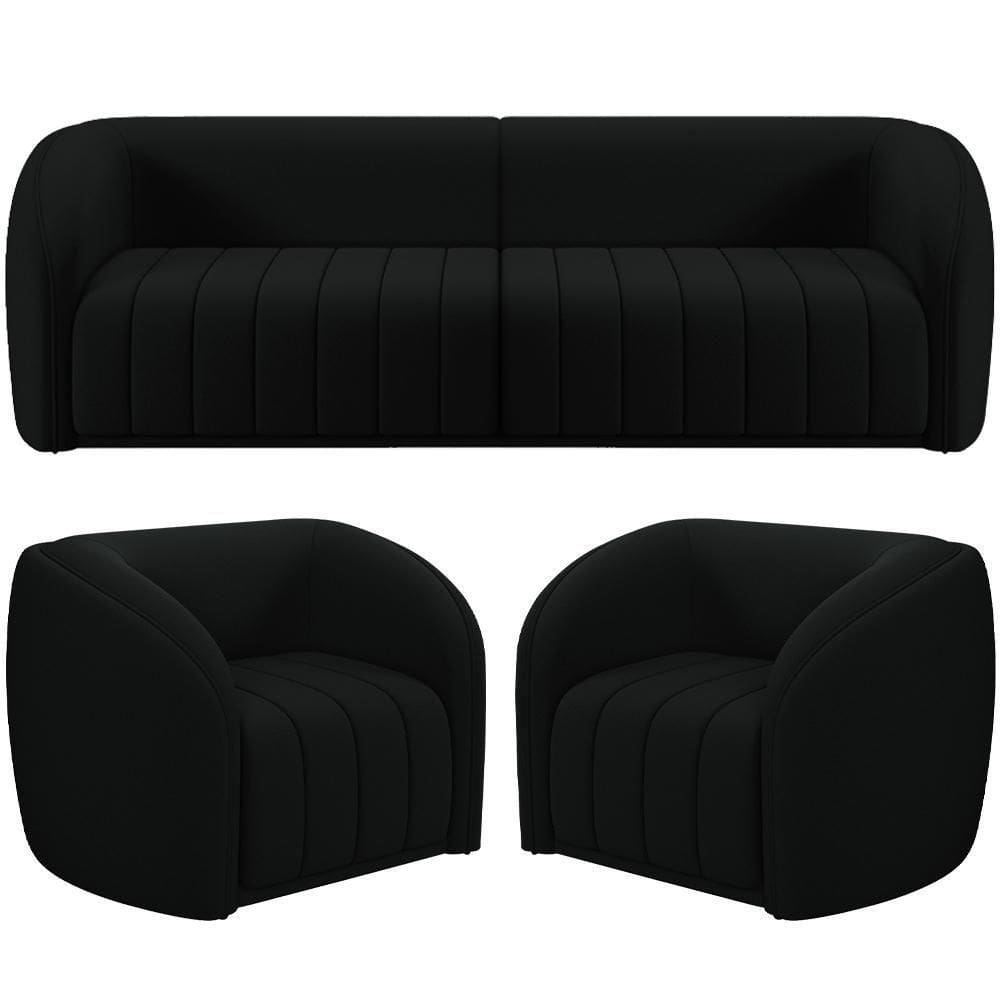 Kit Sofá 5 Lugares Para Sala 332cm Com 02 Poltronas Lazio M03 Veludo Preto - Lyam Decor