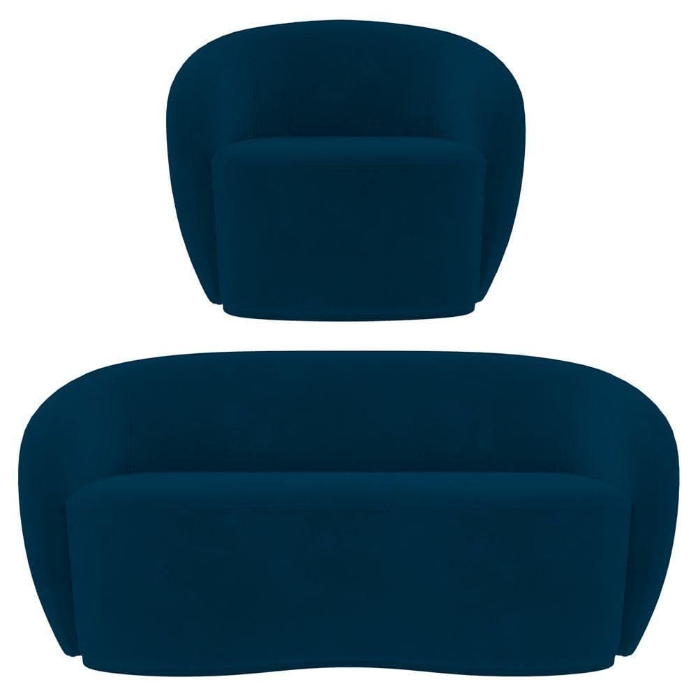 Sofá 3 Lugares Living 180cm E 1 Poltrona Giratória Garbin K04 Veludo Azul Marinho - Mpozenato