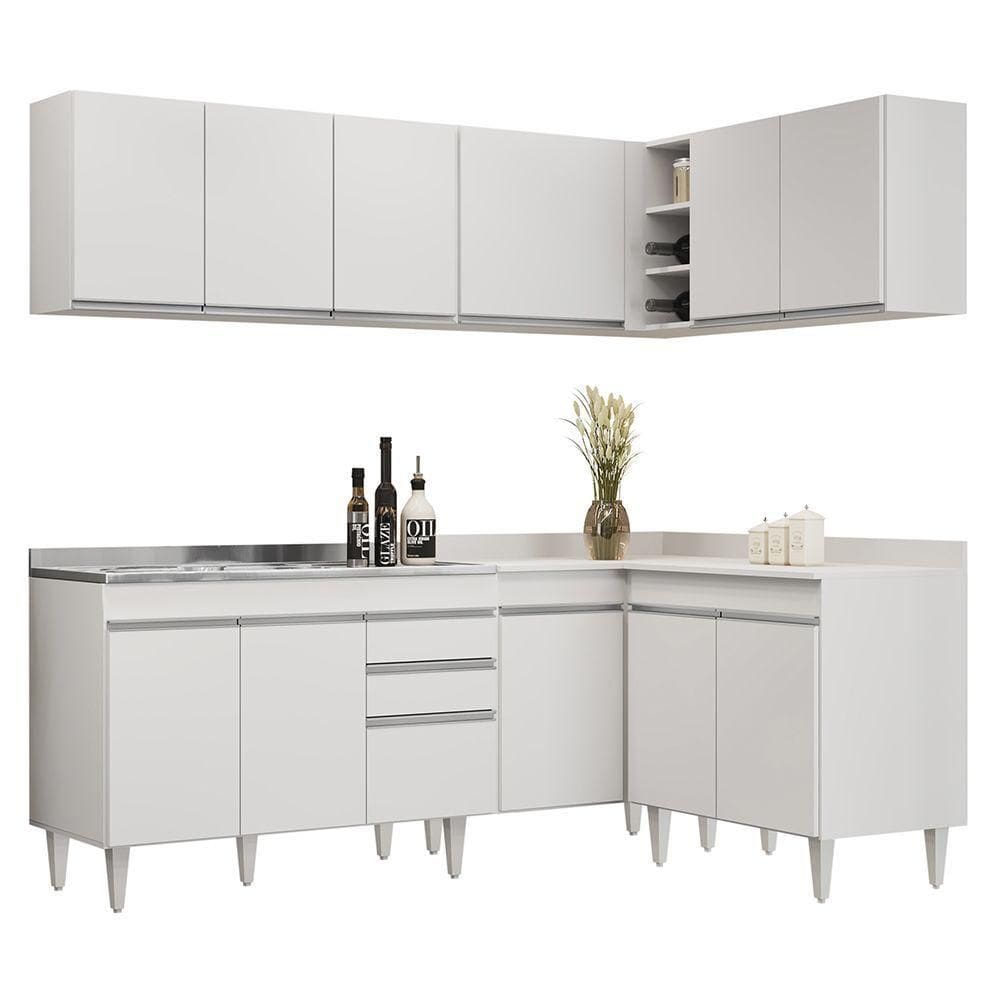 Armário De Cozinha Modulado De Canto 6 Peças Cp30 Com Pia Inox Branco
