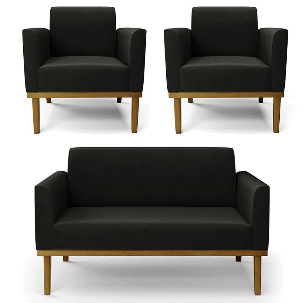 Sofá Namoradeira E 2 Poltronas Base Madeira Castanho Maressa Suede Preto