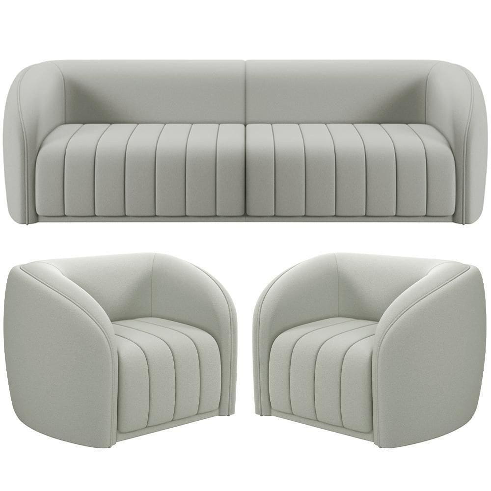 Kit Sofá 5 Lugares Para Sala 332cm Com 02 Poltronas Lazio M03 Veludo Creme - Lyam Decor