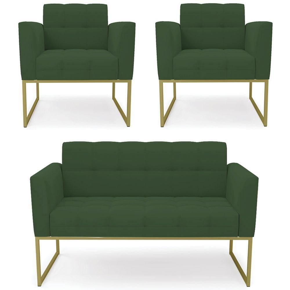 Sofá Namoradeira E 2 Poltronas Base Industrial Dourado Ana Veludo Verde