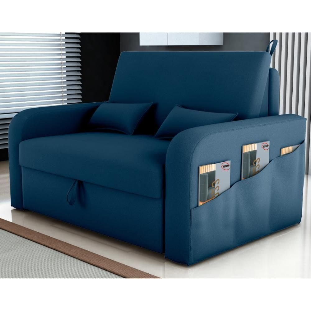 Sofá Cama 2 Lugares Com Baú Hiram Veludo Azul