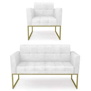Sofá Namoradeira E 1 Poltrona Base Industrial Dourado Ana Sintético Pu Branco