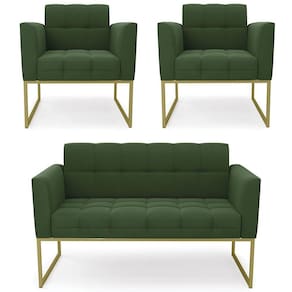 Sofá Namoradeira E 2 Poltronas Base Industrial Dourado Ana Suede Verde