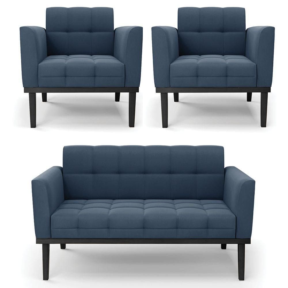 Sofá Namoradeira E 2 Poltronas Base Madeira Preto Ana Suede Azul Marinho