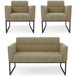 Sofá Namoradeira E 2 Poltronas Base Industrial Preto Ana Suede Marrom Rt