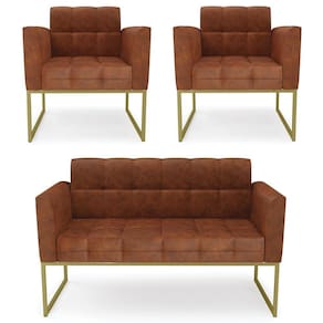 Sofá Namoradeira E 2 Poltronas Base Industrial Dourado Ana Sintético Pu Nozes