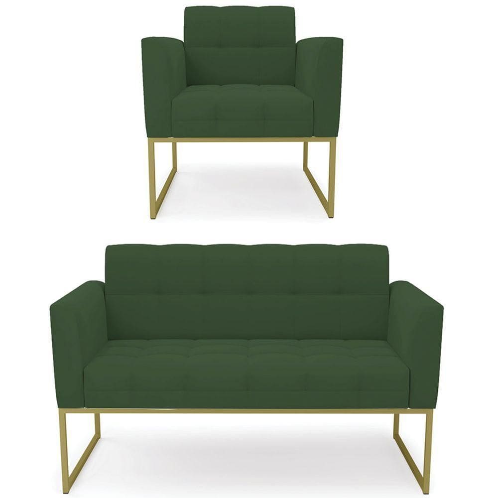 Sofá Namoradeira E 1 Poltrona Base Industrial Dourado Ana Veludo Verde