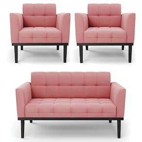 Sofá Namoradeira E 2 Poltronas Base Madeira Preto Ana Suede Rosê