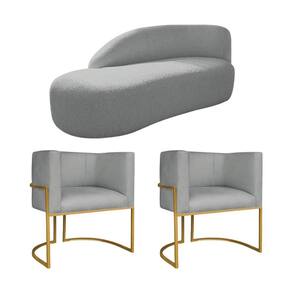 Kit Divã Luna 160cm Lado Esquerdo E 02 Poltronas Base De Ferro Dourado Bouclé Cinza