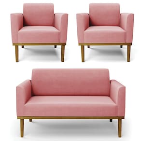 Sofá Namoradeira E 2 Poltronas Base Madeira Castanho Maressa Suede Rosê