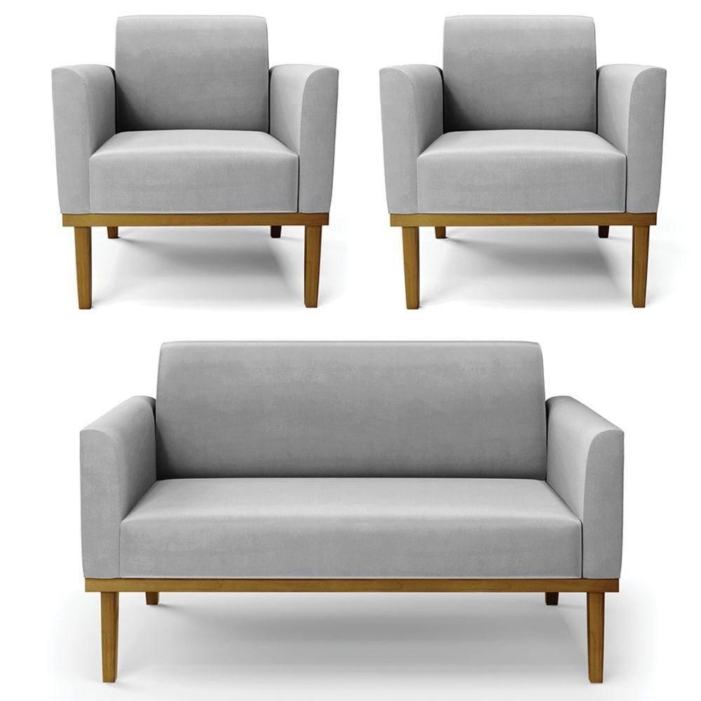 Sofá Namoradeira E 2 Poltronas Base Madeira Castanho Maressa Suede Cinza